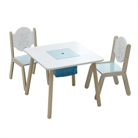 Labebe Wooden Activity Table Chair Set, Bird Printed White Toddler Table with Bin for 1-5 Years, Learning Table/Kid Picnic Table/Cute Bedroom Furniture/Boy Furniture/Baby Girl Table Set/Kid Desk Chair