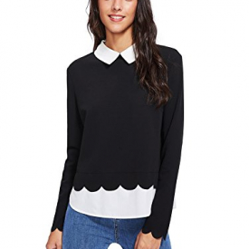 Floerns Women’s Contrast Collar Hem Long Sleeve Blouse Top Black M