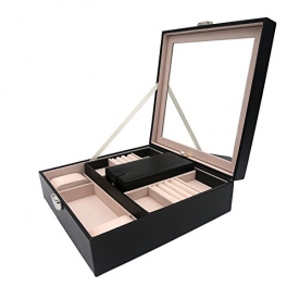 Lanscoe Jewelry Box – PU Leather,Classic Jewelry Organizer , Large Mirror & 2 Trays and Soft Velvet Lining Interior Anti-Scratch with Inside Mirror for Women Teens and Girls black