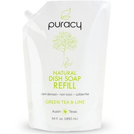Puracy Natural Liquid Dish Soap Refill, [64 Oz], Sulfate-Free Dishwashing Detergent, Green Tea and Lime, 64 Fluid Ounce Pouch