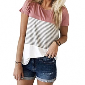 Women’s Summer Short Sleeve Striped Junior Blouse Casual Tops T-Shirt (Small, Pink)