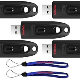 SanDisk Ultra USB (5 Pack) 3.0 64GB CZ48 Flash Drive High Performance Jump Drive/Thumb Drive/Pen Drive up to 130MB/s – with (2) Everything But Stromboli ™ Lanyard