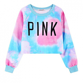 Girls Teens Womens Sweetshirt Pullover Sweater Crop Tops(Tie Dye Pink 1)