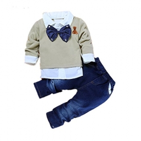 2pcs Toddler Baby Boys Bow Tie Shirt Tops+Denim Pants Gentleman Clothes Outfits (3T-4T)