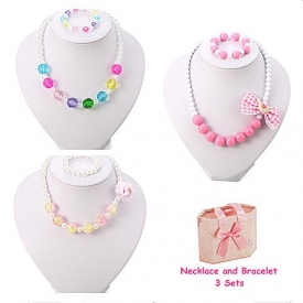 PinkSheep Kids Beaded Necklace and Bracelet 3 Sets, Little Girls Jewelry In Box, Favors Bags For Kids
