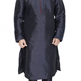 Indian Mens Kurta Pyjama Black Wedding Wear Art Silk Christmas Clothing -XL