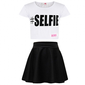 Kids Girls Comic Graffiti Leopard #SELFIE Crop Top & Fashion Skater Skirt Set