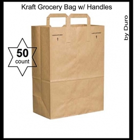 50 Paper Retail Grocery Bags Kraft with Handles 12x7x17 by Duro