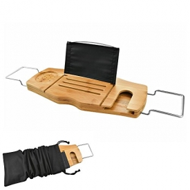 Ultimate Bamboo Bathtub Caddy Wood Tray Table with Non Slip Extending Sides, Wine Glass Holder & Waterproof Reading Rack Perfect for Kindles, Smartphones & Tablets! (+BONUS STORAGE POUCH+)