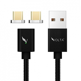 Volta Charger Cable – USB Charging Cable with Magnetic Connector Tip – Ultrastrong Nylon Cord – Lightning Fast Charge (2m Black & USB-C Tip x2)