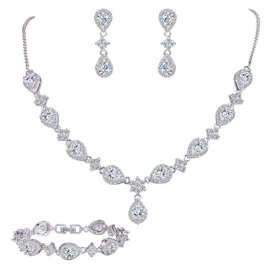 EleQueen Women’s Silver-tone Cubic Zirconia Teardrop Flower Bridal V-Necklace Set Tennis Bracelet Dangle Earrings Clear
