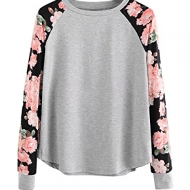 ROMWE Women’s Long Sleeve Top Casual Floral Print T-Shirt Tee Grey S