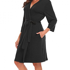 Bluetime Womens Robe Soft Kimono Robes Cotton Short Bathrobe Sleepwear (L, Black)