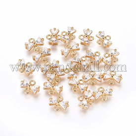 Cubic Zirconia Links, with Brass Findings, Bowknot, Clear, Real Gold Plated, 7.5×9.5x3mm, Hole: 1.4mm