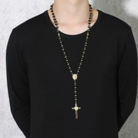 Long Rosary Necklace Gold Chain With Cross For Men Women Stainless Steel Bead Chain Cross Pendant