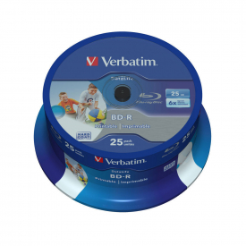 Verbatim 43811 BD-R SL 25GB Datalife 6x Inkjet Printable – Spindle Pack of 25