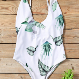 Leaf Deep V-Neck Swimsuit – White