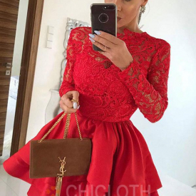 A-Line Scalloped-Edge Tiered Red Homecoming Dress with Lace Sleeves-Cheap Casual Dresses