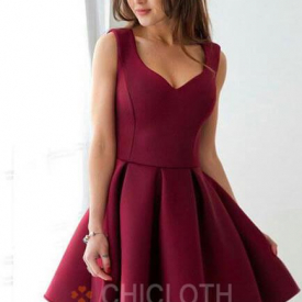 A-Line Scoop Short Burgundy Tiered Elastic Satin Homecoming Dress-Cheap Casual Dresses