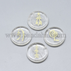 Synthetic Quartz Crystal Cabochons, Flat Round with Buddhist Theme Pattern, 25×5.5mm; 4pcs/set