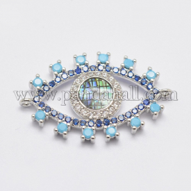 Environmental Brass Cubic Zirconia Links, with Natural Paua Shell, Lead Free & Nickel Free & Cadmium Free, Eye, LightSkyBlue, Platinum, 19x30x3mm, Hole: 1mm