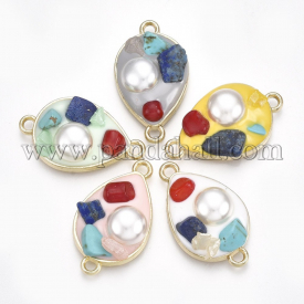 Alloy Links/Connectors, with Natural & Synthetic Gemstone Chip, ABS Plastic Imitation Pearl and Enamel, Drop, Light Gold, Mixed Color, 26x15x6~7mm, Hole: 2mm