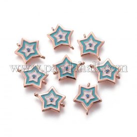 Brass Enamel Links, Long-Lasting Plated, Star, Turquoise, Real Gold Plated, 16x13x2mm, Hole: 1mm