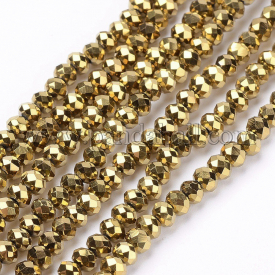 Electroplate Glass Bead Strands, Faceted, Rondelle, Golden Plated, 3~3.5×2.5~3mm, Hole: 0.5mm; about 140pcs/strand, 13.7″