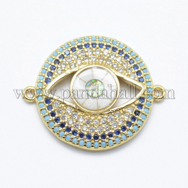 Brass Micro Pave Cubic Zirconia Links, with Shell, Flat Round with Evil Eye, Golden, 24x20x4mm, Hole: 1mm
