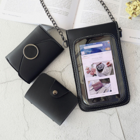 Women Casual 3PCS Touch Screen 6.3 Inch Solid Chain Phone Crossbody Bag