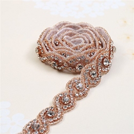 1 yard Wedding Sash Belt Bridal Wedding Dress Applique, Bridal Wedding Sash Crystal Belt Beaded Embellishments for Women Formal Dresses Sewn or Hot Fix – Rose Gold