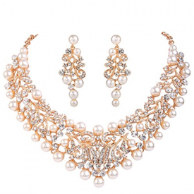 EVER FAITH Women’s Crystal Cream Simulated Pearl Vintage Style Wedding Necklace Earrings Set Gold-Tone