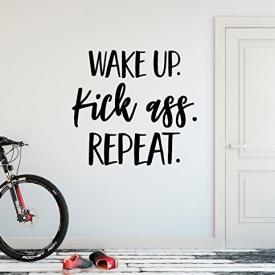 24″x22″ Wake Up Kick Ass Repeat Workout Success Goal Positive Thinking Challenge Sports Fitness Exercise Train Work Hard Sport Wall Decal Sticker Art Mural Home Decor Quote