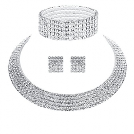 Wedding Bridal 5 Row Rhinestone Crystal Jewellery sets for Women (1 Set Earrings,1 PCS Necklace, 1 PCS Bracelet)