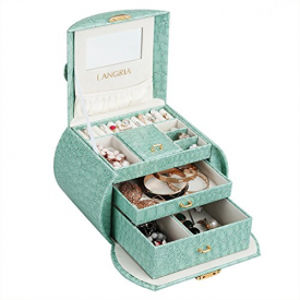 LANGRIA Jewelry Boxes Girls Travel Lockable Jewelry Orgnizer Makeup Storage Display Case With Mirror for Rings Earrings Necklace (Green)