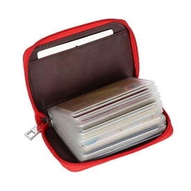 Alimei Genuine Leather Credit Card Holder Zipper Wallet Card Organizer with 26 Card Slots (26 Card Red)