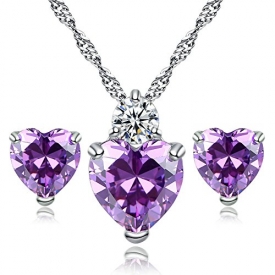 Heart Jewellery Set Silver Plated Purplr Swarovski Elements Crystal Amethyst Necklace and Earrings Sets for Women