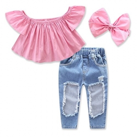 1-7Yrs Kid Baby Girls Ruffle Tops + Big Hole Jeans Cool Girl Clothes 2pcs/set (4-5T)