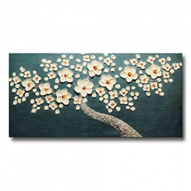 FLY SPRAY 1-Piece 100% Hand Painted Oil Paintings Stretched Framed Ready Hang White Flowers Landscape Tree Flower Modern Abstract Painting Canvas Living Room Bedroom Office Cyan Wall Art Home Decor