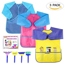 SIMPZIA 3 Pack Kids Smock Children Painting Aprons Overall with Long Sleeve – Waterproof 3 Roomy Pockets – for Art, Craft, Cooking,Lab Activity -Ages 2-6