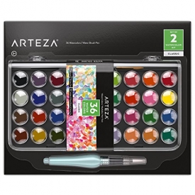 Arteza Classic Watercolor Paint, Set of 36 Vibrant Color Cakes, Includes 1 Water Brush Pen (Set of 2 Items)