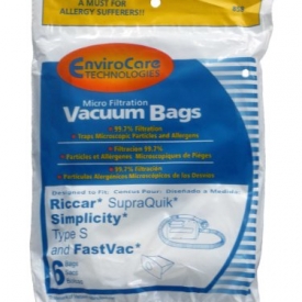 6 Allergen Bags for Riccar, Simplicity Type S, Eureka W, Fast Vac, GE, Compact Canister Hand Held Vacuum Cleaner #858, replaces Simplicity #SS-6 and Riccar part #RSQ-6, Sport, S100, FV500, FV-500, AC DELCO 550, SQuick Supra Quik, SupraQuik RSQ1