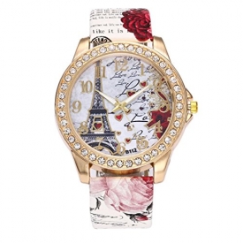 BCDshop Womens Wrist Watch Vintage Paris Eiffel Tower Leather Band Crystal Quartz Dial Watch (White, Stainless Steel)