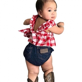Dreammimi Baby Girl Summer Clothes Set Plaid Skirted T-shirt Tops+Denim Shorts Newborn Clothes (Red, 90CM 18Months)