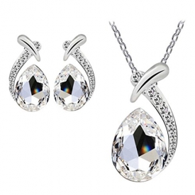 Bestpriceam Women Crystal Pendant Silver Plated Chain Necklace Stud Earring Jewelry Set (White)