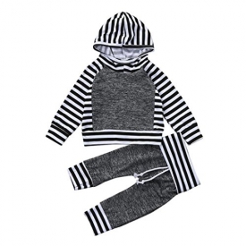 WuyiMC 2pcs Toddler Baby Boy Striped Hoodie Tops+Pants Clothes Set Infant Outfits (18-24 Months, Grey)