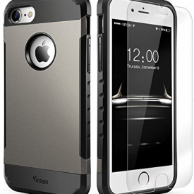 iPhone 7 Case, Shockproof Slim Anti-Scratch Protective Kit with [Tempered Glass Screen Protector] Heavy Duty Dual layer Rugged Case Non-slip Grip Cover for iPhone 7-Gunmetal