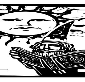 Fantasy License Plate by Ambesonne, Wizard Reading Magic Book beneath the Sun with Face Sacred Spiritual Legend Image, High Gloss Aluminum Novelty Plate, 5.88 L X 11.88 W Inches, Black White