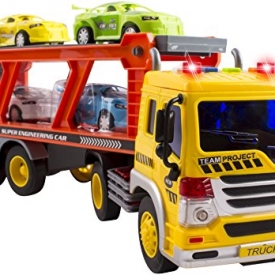 WolVol Friction Powered Transport Car Carrier Truck Toy for Boys and Girls, Lights and Sounds & Ramp (includes 4 plastic cars) – Batteries included