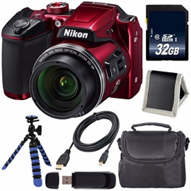 Nikon COOLPIX B500 Digital Camera (Red) (Certified Refurbished) + 32GB SDHC Class 10 Memory Card + Flexible Tripod + Carrying Case + Micro HDMI Cable + Card Reader + Memory Card Wallet Bundle